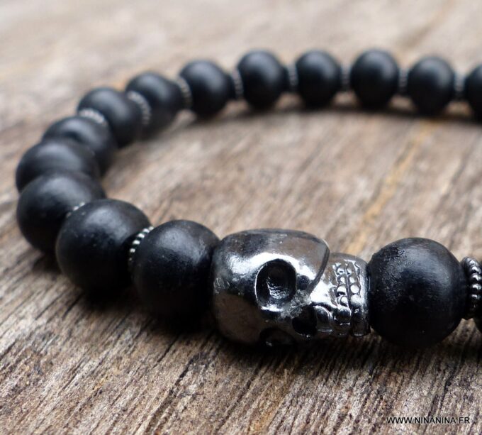 N5633a Bracelet elastique homme perles bois noir tête de mort métal noire - Bijoux Bracelets en ligne Ninanina