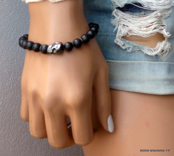 N5633a Bracelet tête de mort homme femme perles bois noir elastique - Bijoux bracelets en ligne Ninanina