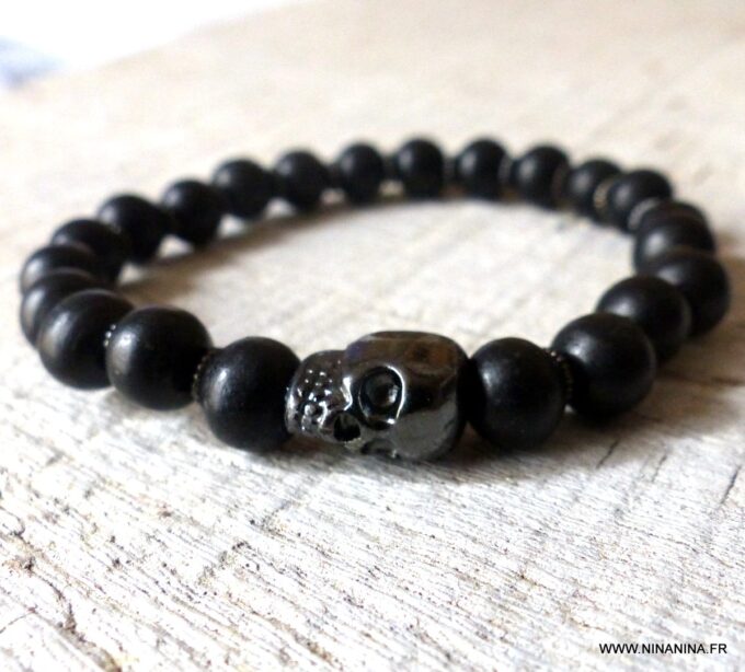 N5633b Bracelet tête de mort homme femme perles bois noir elastique - Bijoux bracelets en ligne Ninanina