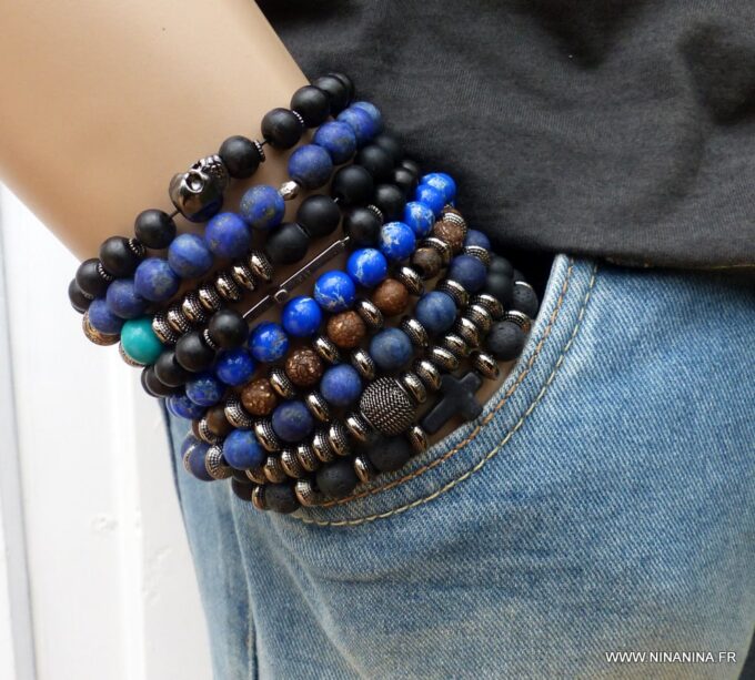 N5633c Bracelet elastique homme perles bois noir tête de mort métal noire - Bijoux Bracelets en ligne Ninanina