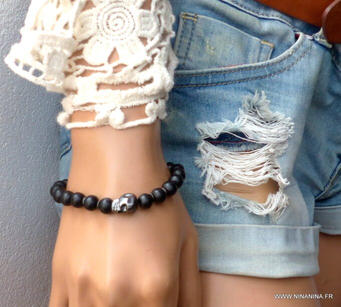 N5633c Bracelet tête de mort homme femme perles bois noir elastique - Bijoux bracelets en ligne Ninanina