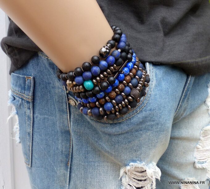 N5633e Bracelet elastique homme perles bois noir tête de mort métal noire - Bijoux Bracelets en ligne Ninanina