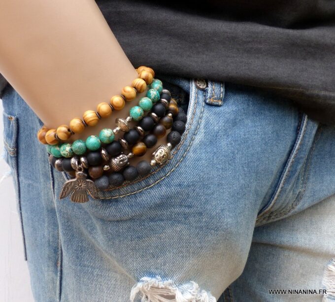 N5634a Bracelet elastique homme perles bois marron rondelles métal noir - Bijoux Bracelets en ligne Ninanina