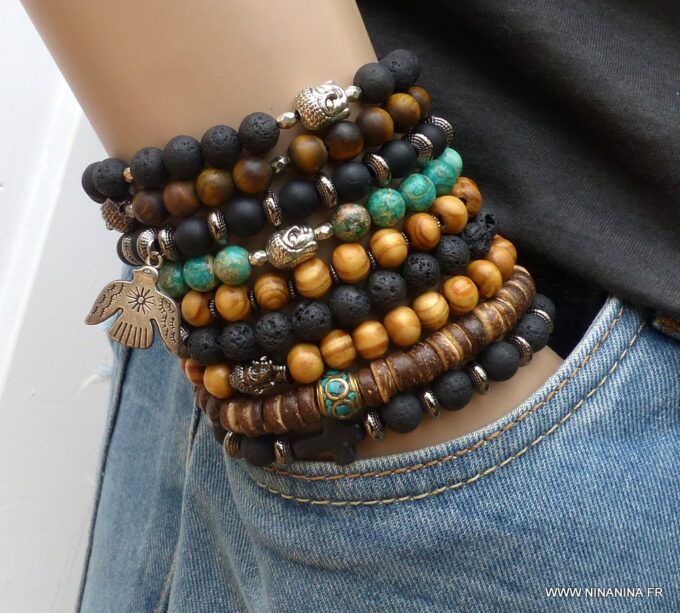 N5634f Bracelet elastique homme perles bois marron rondelles métal noir - Bijoux Bracelets en ligne Ninanina