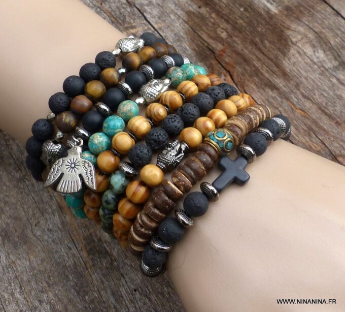 N5634g Bracelet elastique homme perles bois marron rondelles métal noir - Bijoux Bracelets en ligne Ninanina