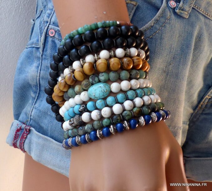 N5635 Bracelet homme mala perles noires 2 tours - Bijoux Bracelets en ligne ninanina