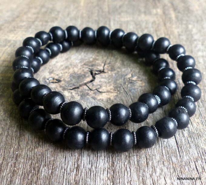 N5635 Bracelet homme perles bois noires 2 tours NINANINA