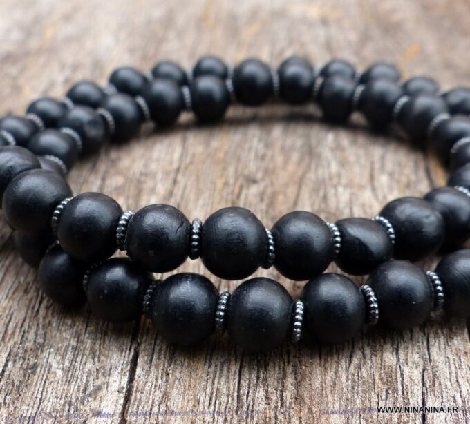 N5635b Bracelet elastique wrap mala homme perles bois noir 2 tours - Bijoux Bracelets en ligne Ninanina