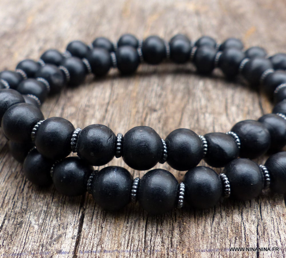 Bracelet homme personnalisable, perles de bois noir, bracelet