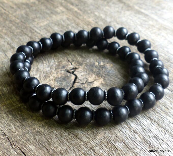 N5635b Bracelet homme perles bois noires 2 tours NINANINA