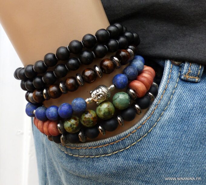 N5635c Bracelet elastique wrap mala homme perles bois noir 2 tours - Bijoux Bracelets en ligne Ninanina