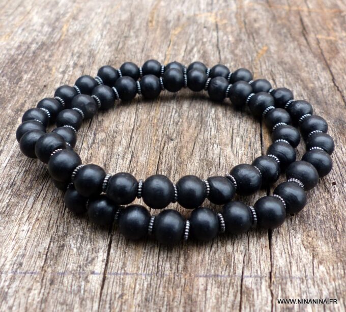 N5635d Bracelet elastique wrap mala homme perles bois noir 2 tours - Bijoux Bracelets en ligne Ninanina