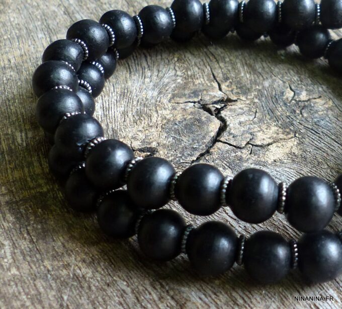 N5635d Bracelet homme perles bois noires 2 tours NINANINA