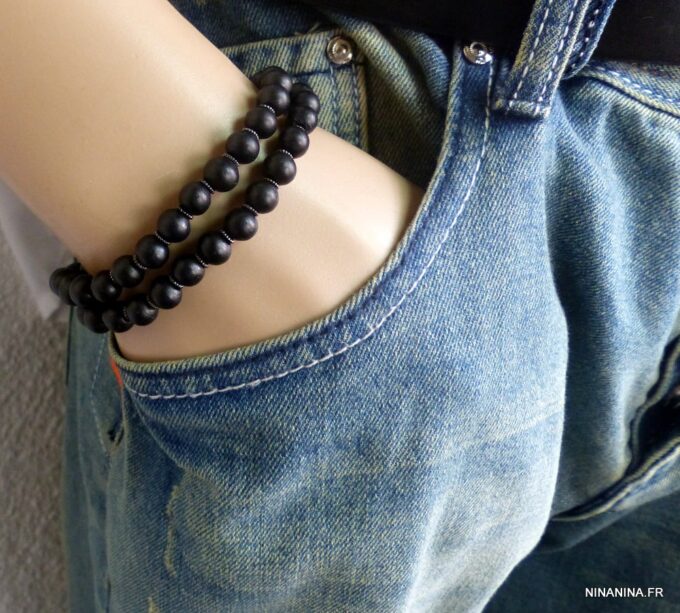 N5635g Bracelet homme perles bois noires 2 tours NINANINA