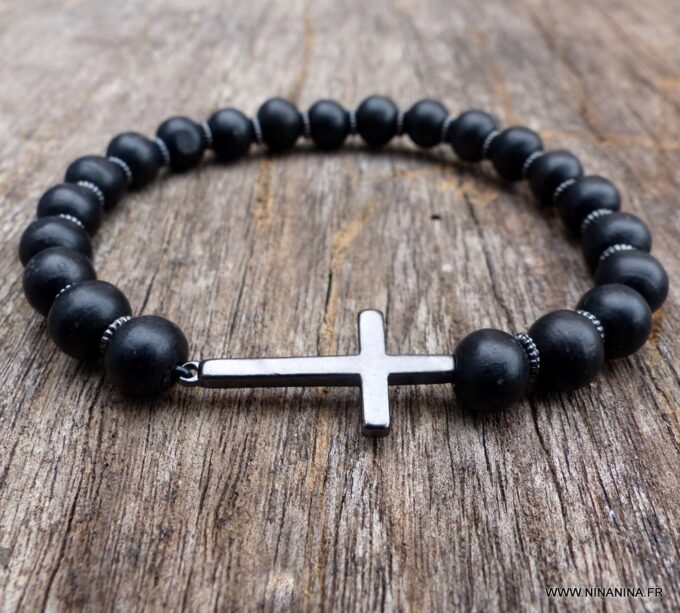 N5636 Bracelet elastique homme perles bois noir croix métal noire - Bijoux Bracelets en ligne Ninanina