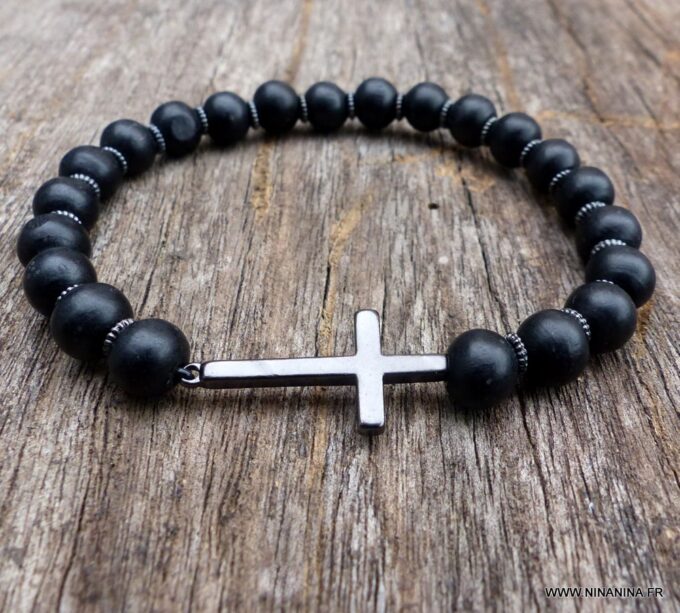 N5636c Bracelet elastique homme perles bois noir croix métal noire - Bijoux Bracelets en ligne Ninanina