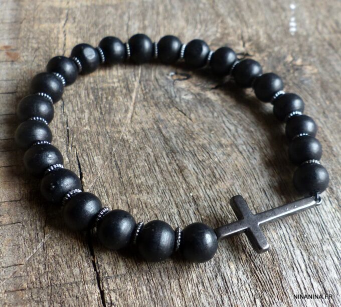 N5636d Bracelet homme perles bois noires croix NINANINA