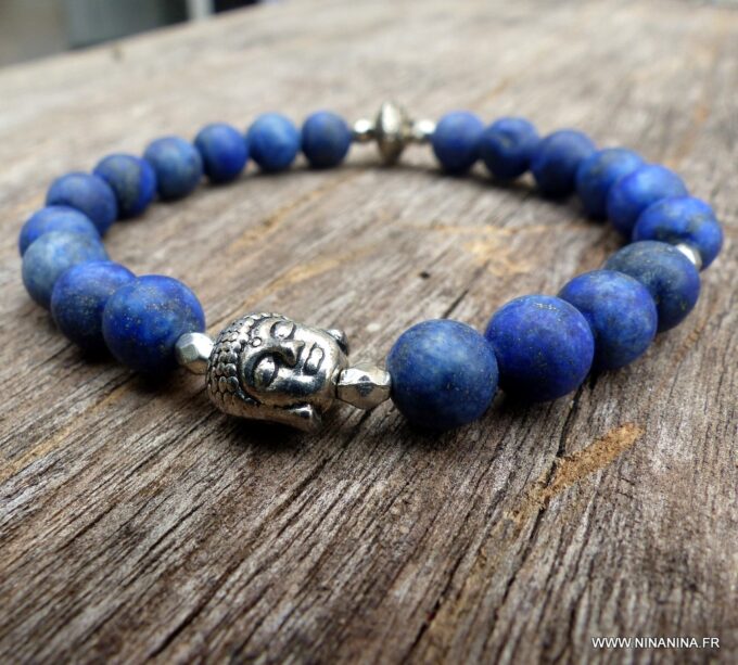 N5642b Bracelet elastique homme bouddha métal argent perles lapis lazuli mat - Bijoux Bracelets en ligne Ninanina
