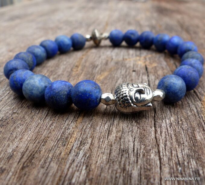 N5642d Bracelet elastique homme bouddha métal argent perles lapis lazuli mat - Bijoux Bracelets en ligne Ninanina
