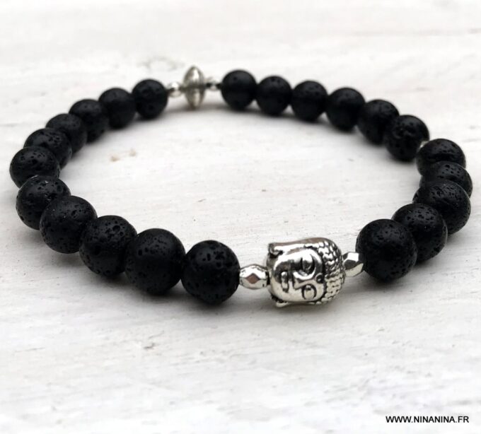 N5644a Bracelet bouddha pierre de lave noir perle sur elastique - Bijoux Bracelets en ligne Ninanina