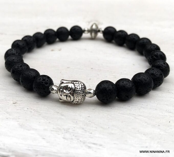 N5644b Bracelet bouddha pierre de lave noir perle sur elastique - Bijoux Bracelets en ligne Ninanina