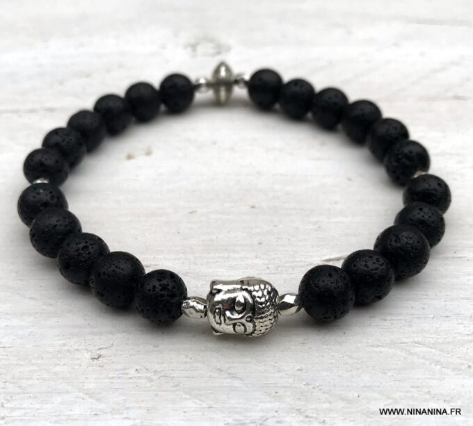N5644c Bracelet bouddha pierre de lave noir perle sur elastique - Bijoux Bracelets en ligne Ninanina
