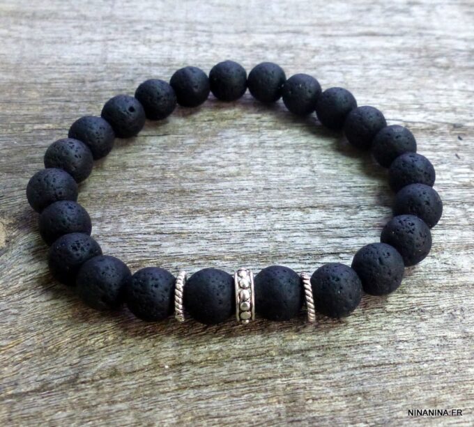 N5645 Bracelet homme perles de lave noires argent 925 massif strech elastique NINANINA