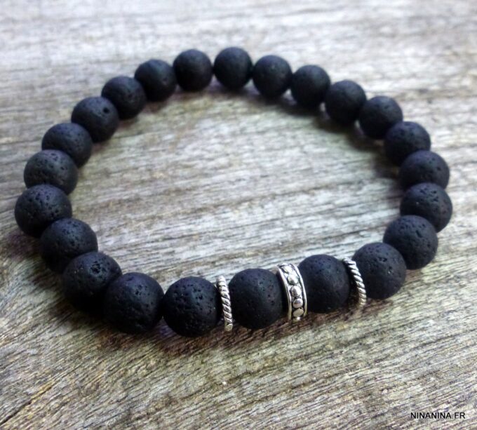 N5645a Bracelet homme perles de lave noires argent 925 massif strech elastique NINANINA