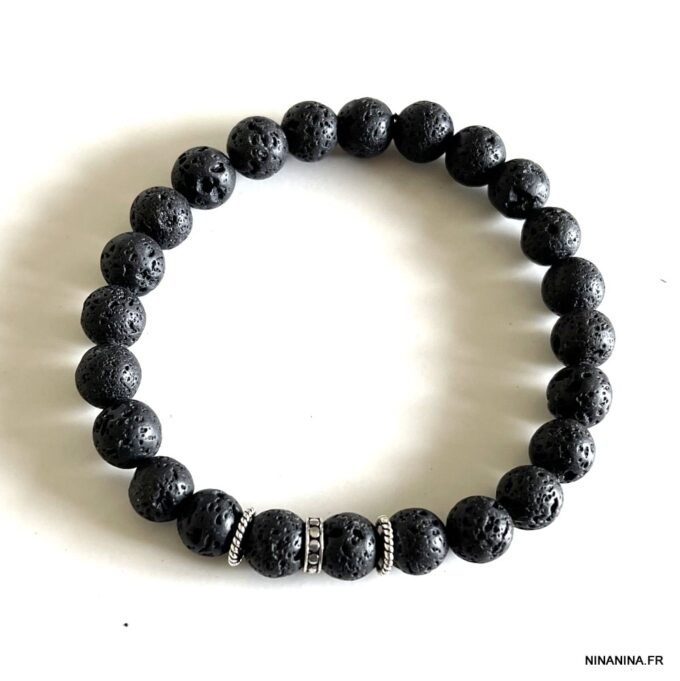 N5645b Bracelet en pierre de lave homme noir et argent massif - Bijoux Bracelets en ligne Ninanina