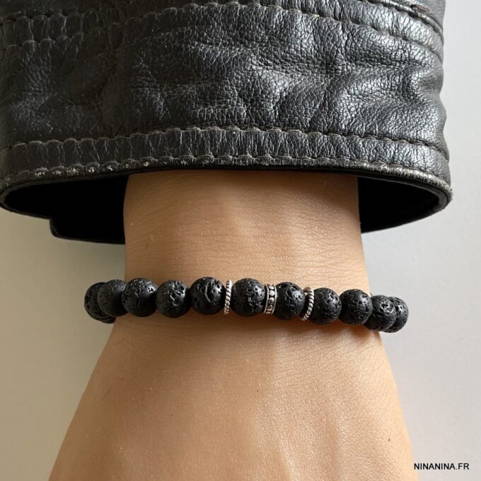 N5645c Bracelet en pierre de lave homme noir et argent massif - Bijoux Bracelets en ligne Ninanina