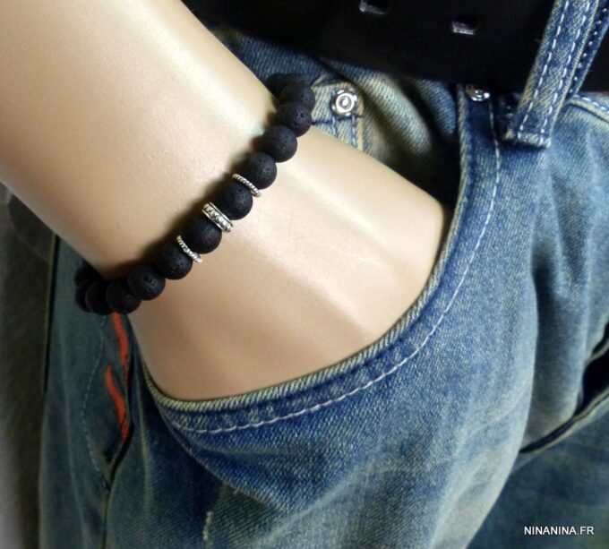 N5645d Bracelet homme perles de lave noires argent 925 massif strech elastique NINANINA