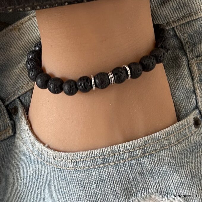 N5645e Bracelet en pierre de lave homme noir et argent massif - Bijoux Bracelets en ligne Ninanina