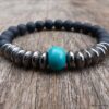 N5651 Bracelet elastique homme perles agates onyx noir mat rondelles métal noires rondelle turquoise - Bijoux Bracelets en ligne Ninanina