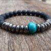 N5651b Bracelet elastique homme perles agates onyx noir mat rondelles métal noires rondelle turquoise - Bijoux Bracelets en ligne Ninanina
