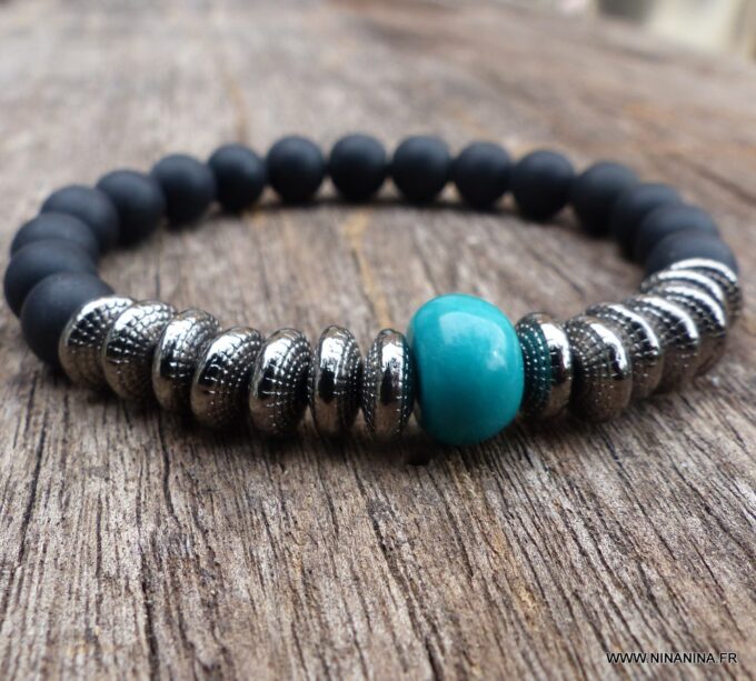 N5651b Bracelet elastique homme perles agates onyx noir mat rondelles métal noires rondelle turquoise - Bijoux Bracelets en ligne Ninanina