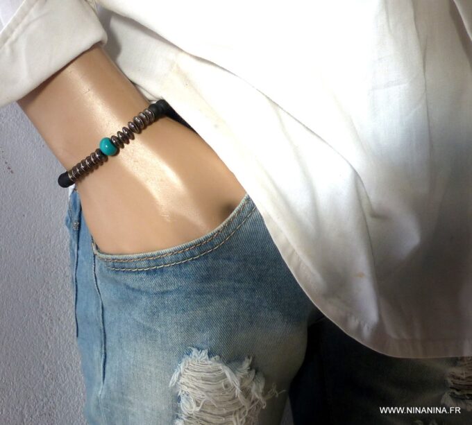 N5651b - Bracelet homme perles onyx noir mat et turquoise sur elastique - Bijoux Bracelets en ligne Ninanina