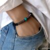 N5651d - Bracelet homme perles onyx noir mat et turquoise sur elastique - Bijoux Bracelets en ligne Ninanina