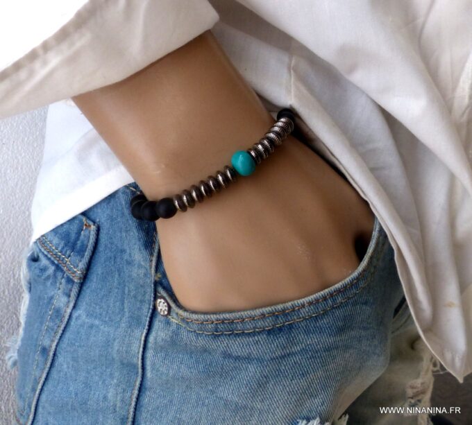 N5651d - Bracelet homme perles onyx noir mat et turquoise sur elastique - Bijoux Bracelets en ligne Ninanina