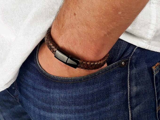 N5653 Bracelet homme cuir tresse fermoir acier noir aimanté - Bijoux Bracelets en ligne Ninanina