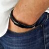 N5653a Bracelet homme cuir tresse fermoir acier noir aimanté - Bijoux Bracelets en ligne Ninanina