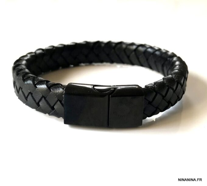 N5653a Bracelet homme cuir tresse noir fermoir acier aimanté - Bijoux Bracelets en ligne Ninanina