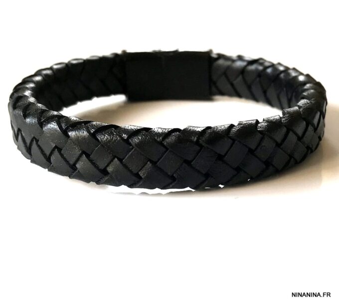 N5653c Bracelet homme cuir tresse noir fermoir acier aimanté - Bijoux Bracelets en ligne Ninanina
