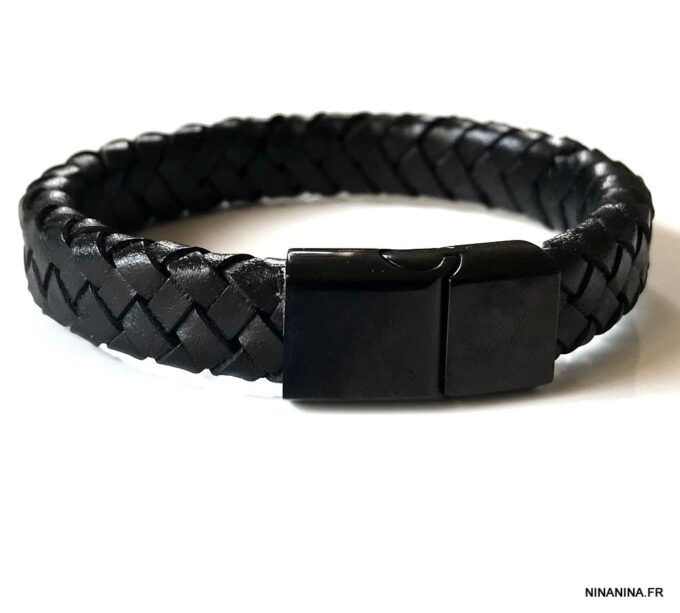 N5653e Bracelet homme cuir tresse noir fermoir acier aimanté - Bijoux Bracelets en ligne Ninanina