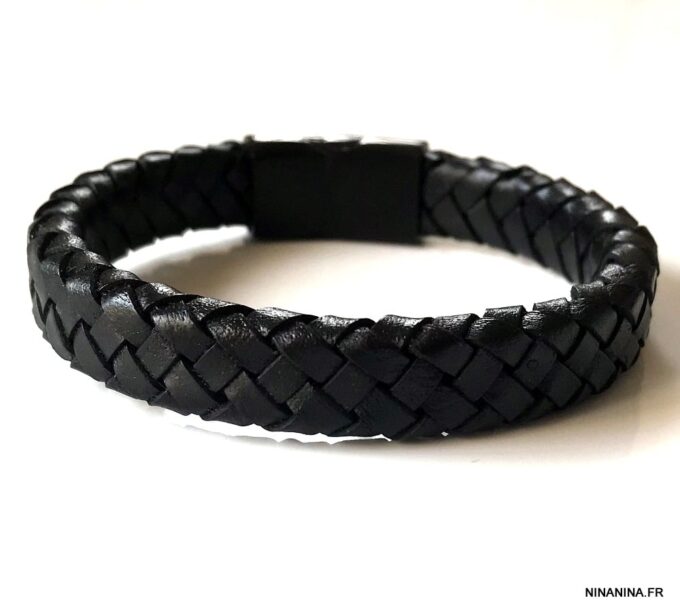 N5653h Bracelet homme cuir tresse noir fermoir acier aimanté - Bijoux Bracelets en ligne Ninanina