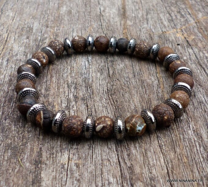 N5654 Bracelet elastique homme perles agates veinées marron rondelles métal noir - Bijoux Bracelets en ligne Ninanina