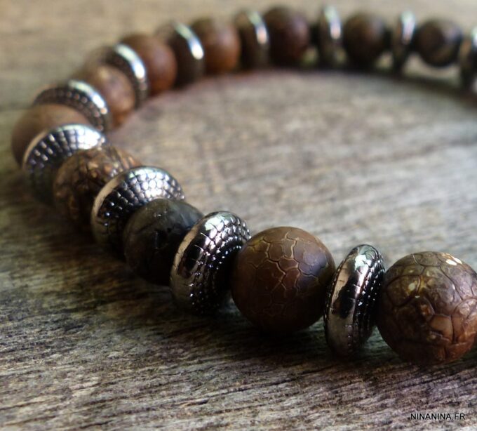 N5654a Bracelet homme femme perles agate marron foncé veinées NINANINA