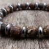 N5654d Bracelet elastique homme perles agates veinées marron rondelles métal noir - Bijoux Bracelets en ligne Ninanina