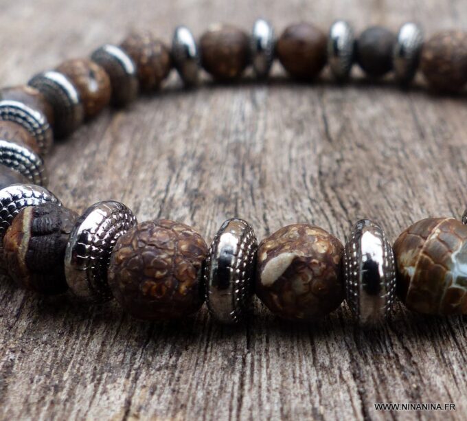 N5654d Bracelet elastique homme perles agates veinées marron rondelles métal noir - Bijoux Bracelets en ligne Ninanina