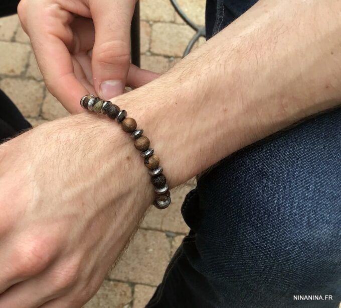 N5654h Bracelet elastique homme perles agates veinées marron rondelles métal noir - Bijoux Bracelets en ligne Ninanina