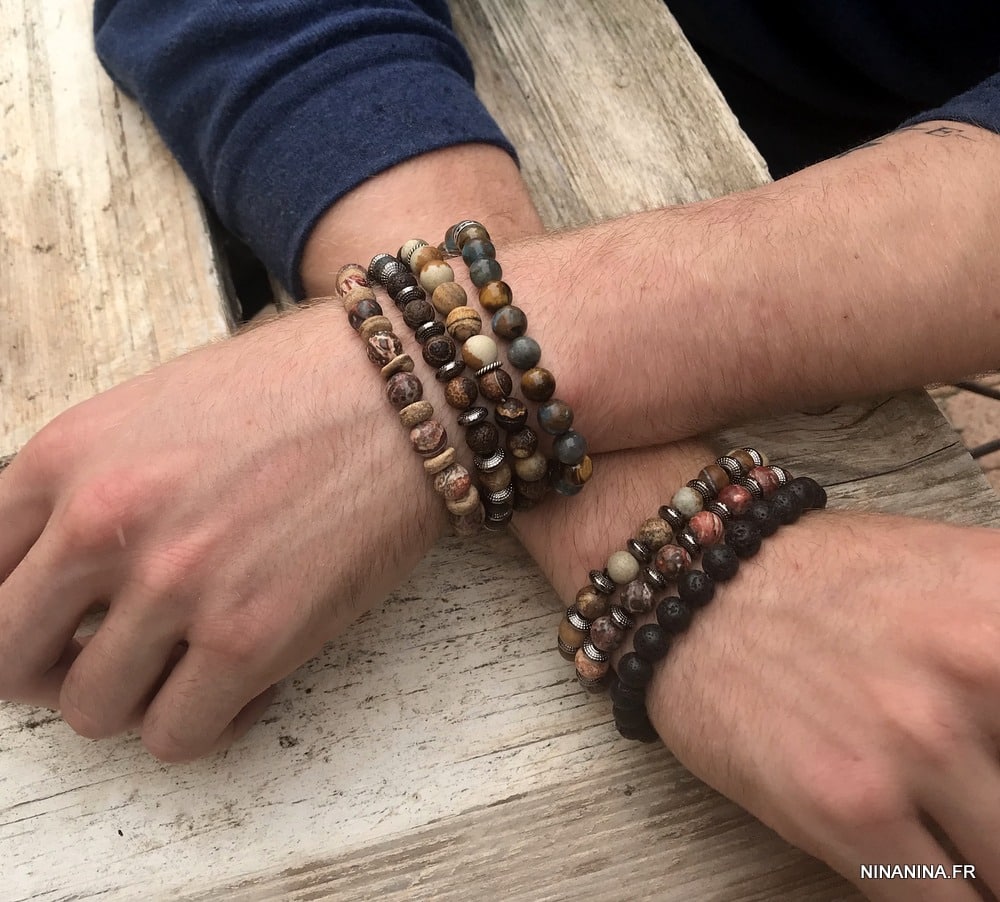 ⭐️ Bracelet perles Marron ou Bleu acier inoxydable pour homme / femme 19/21  cm ⭐